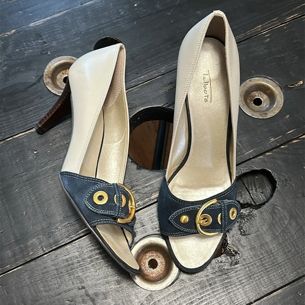 Talbots Navy and Cream Two-Tone Leather and Suede Peep Toe Heels